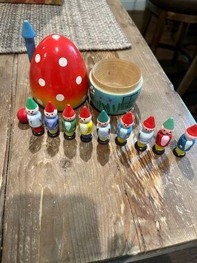 Vintage Hand-Painted Wooden Mushroom bowling set - Red, Yellow, Teal